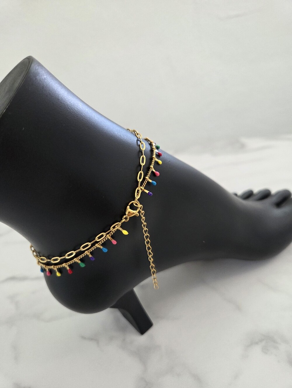 Multicolor Layered Dangle Anklet Colorful Bead Drop Double Chain Beach Jewelry - Picture 9 of 13